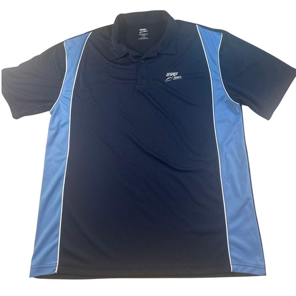 Upward Sports polo shirt featuring light blue side panels and white piping 2XL